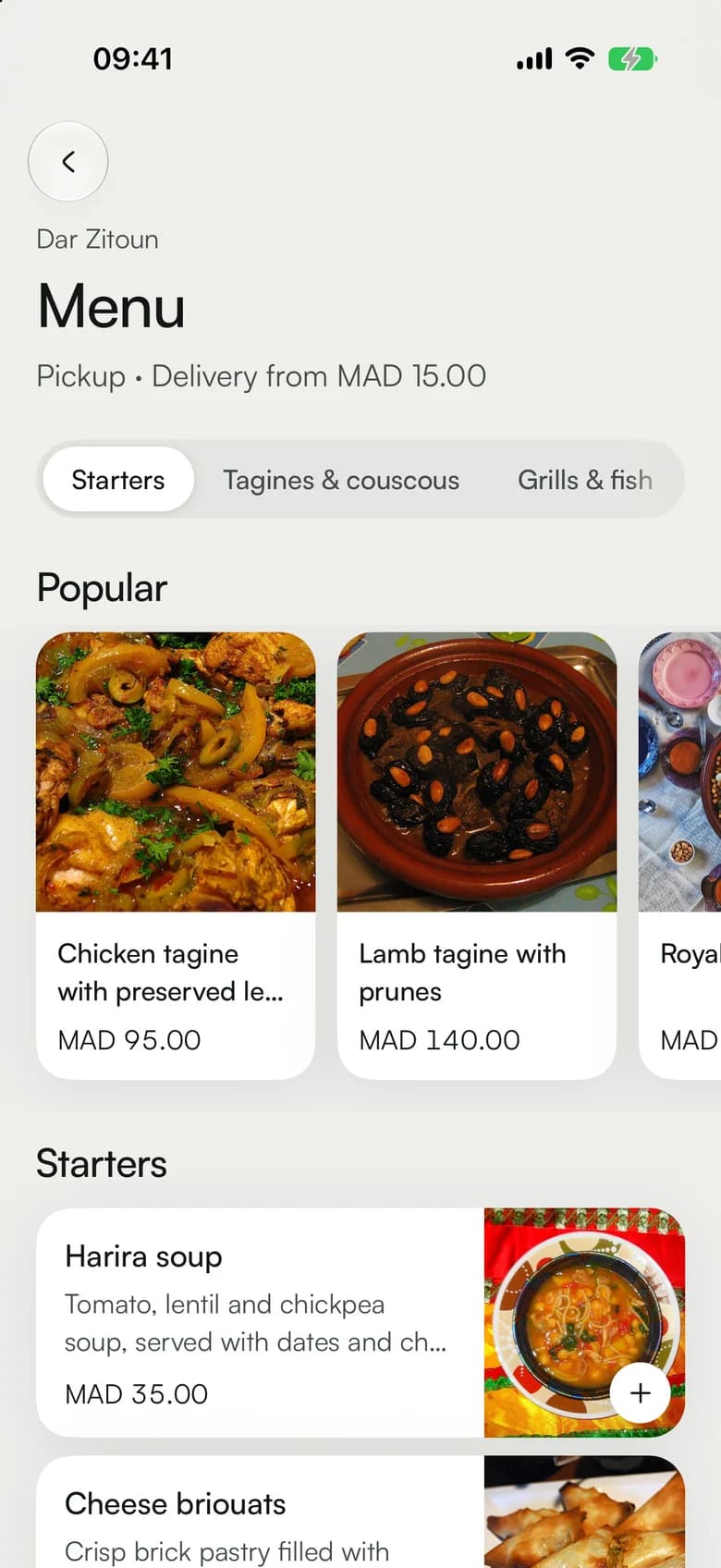 The Dar Zitoun menu with dishes and prices