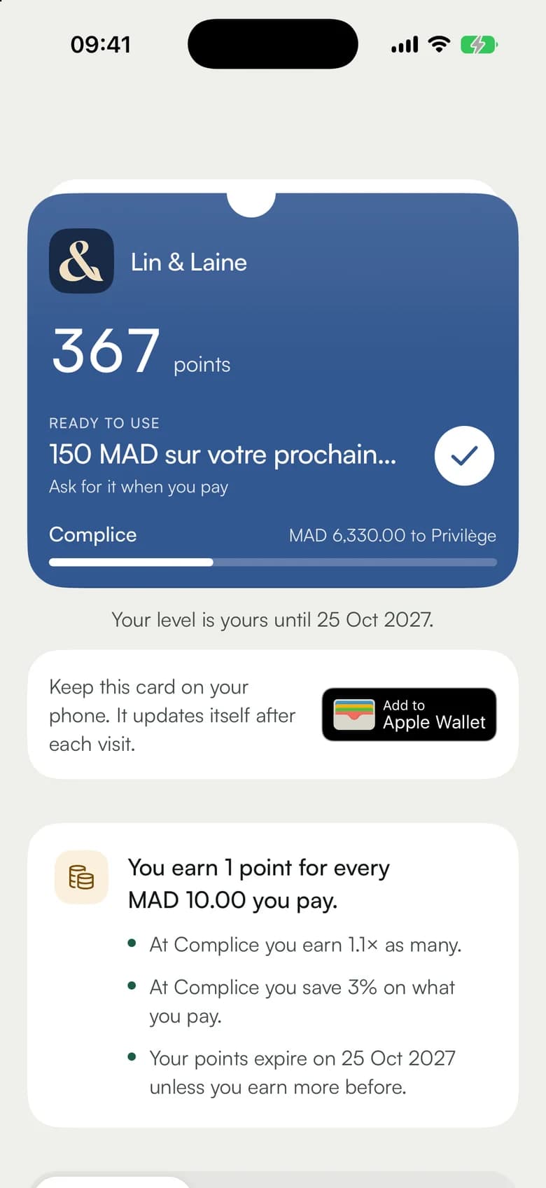 A Maison Safran card: 42 points, 48 to go until the next reward
