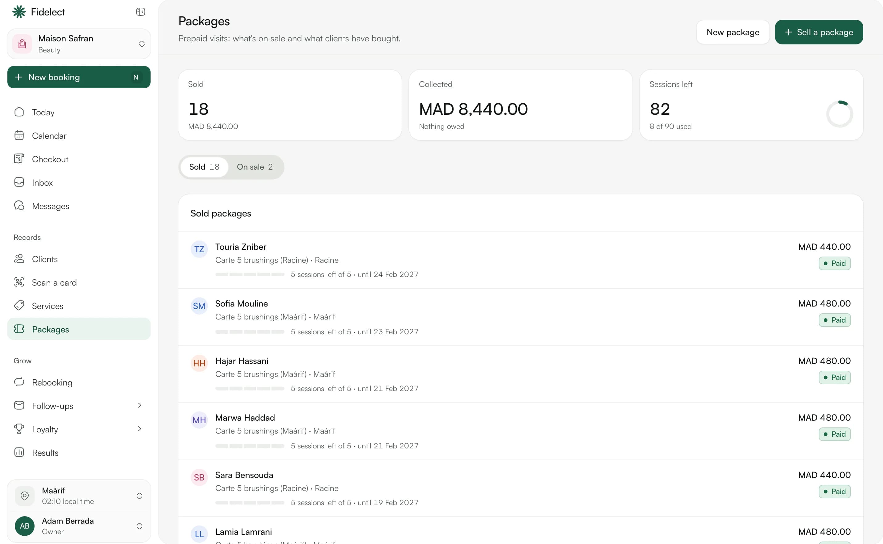 Packages sold and sessions left