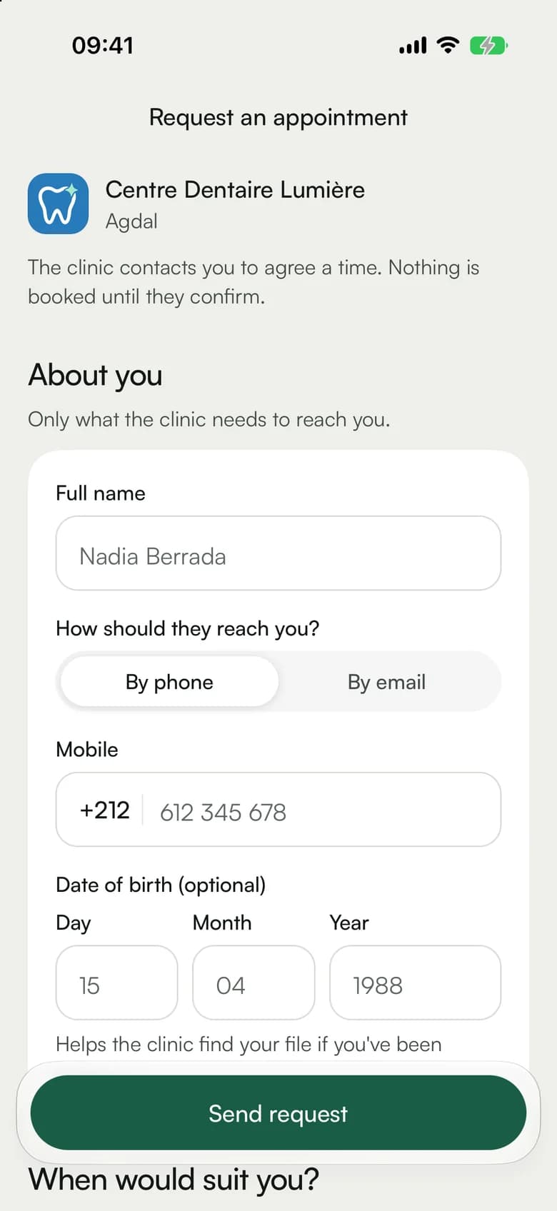 An appointment request form for a dental clinic
