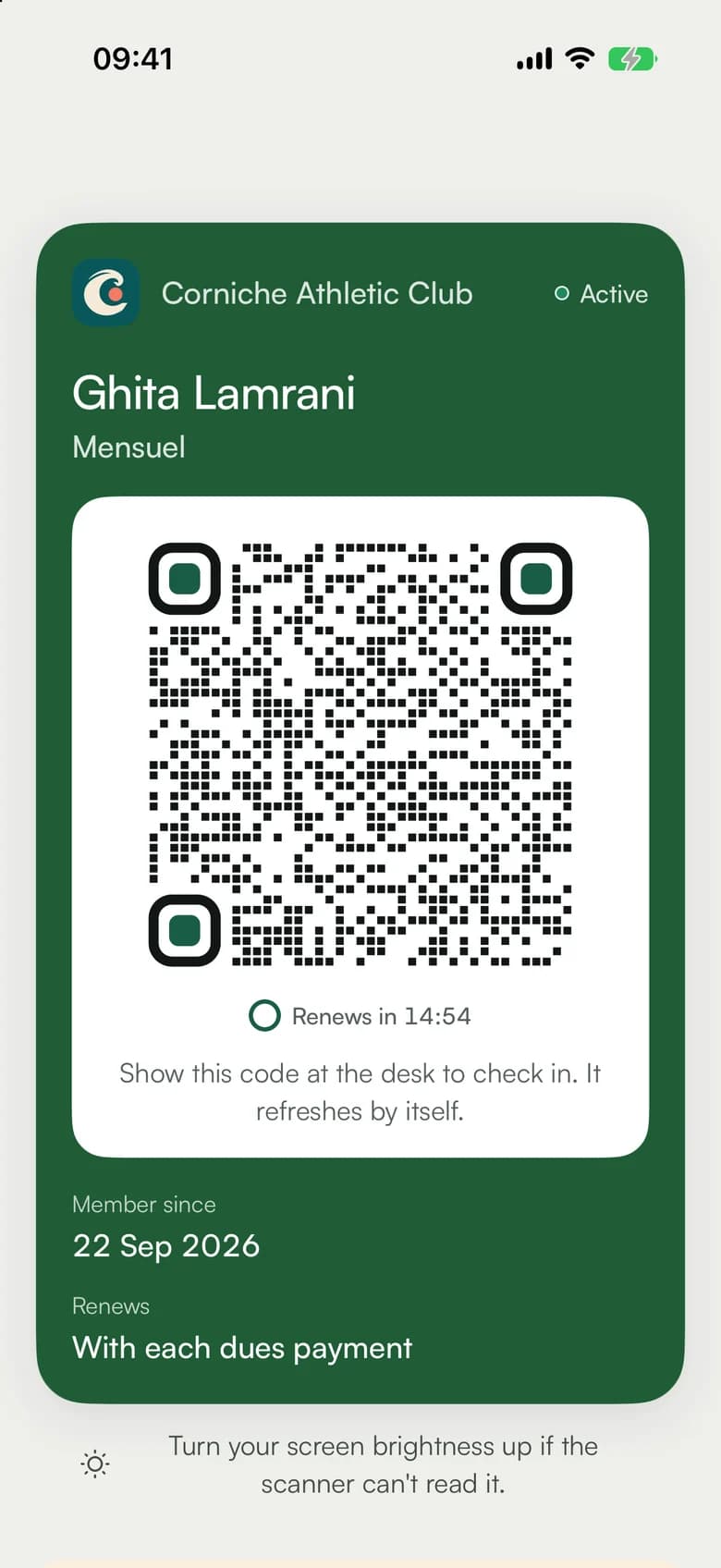 A gym membership pass with a check-in QR code