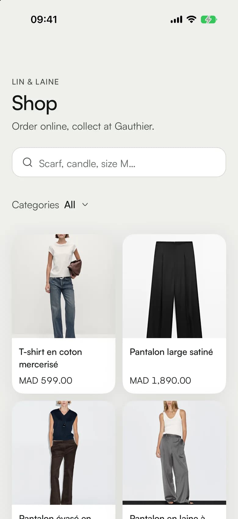 The Lin & Laine shop with clothes and prices