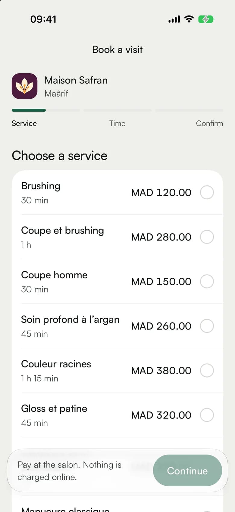 Choosing a service to book at Maison Safran