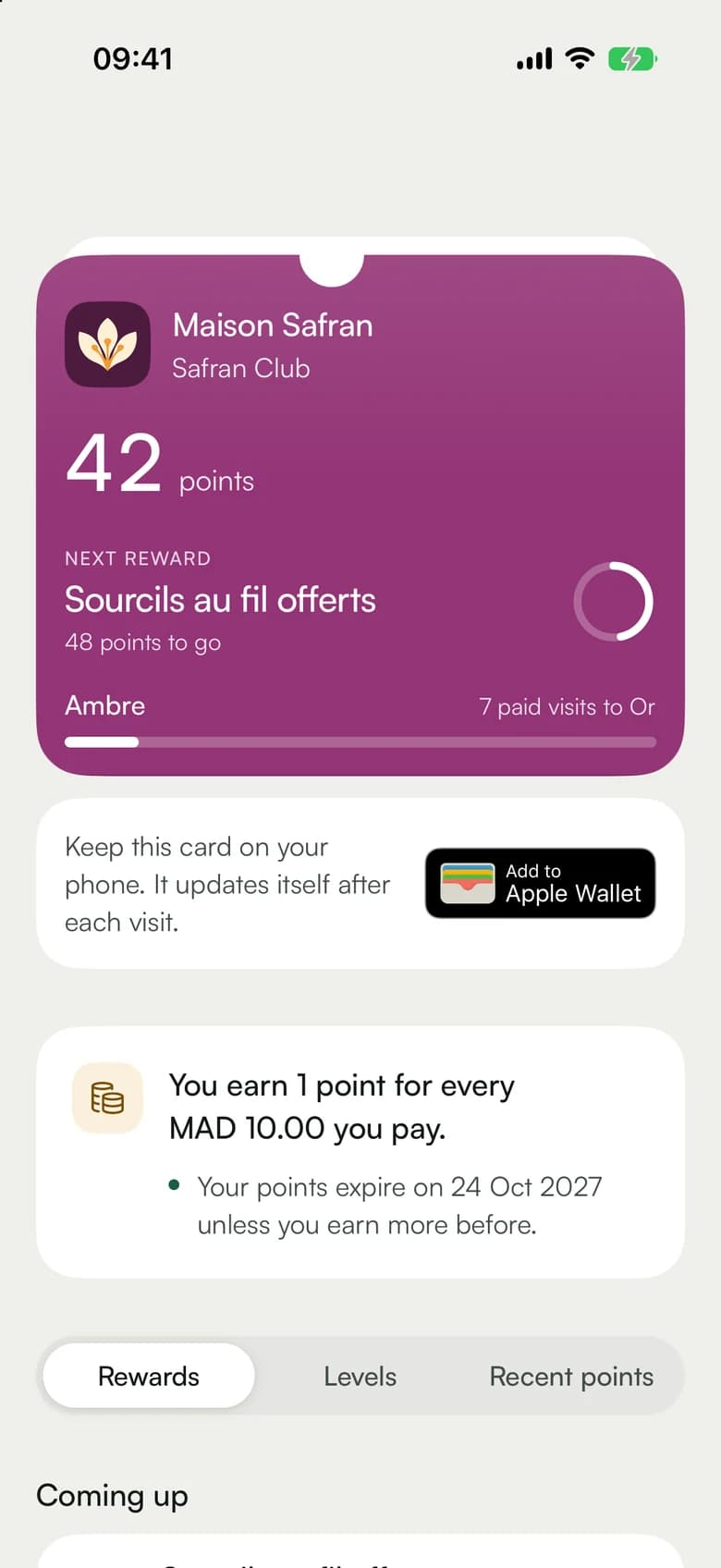 A Maison Safran card in the app, with its next reward