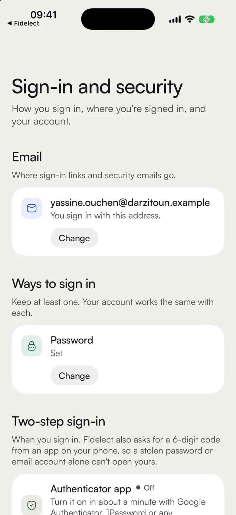 Sign-in and security: email, ways to sign in and two-step sign-in