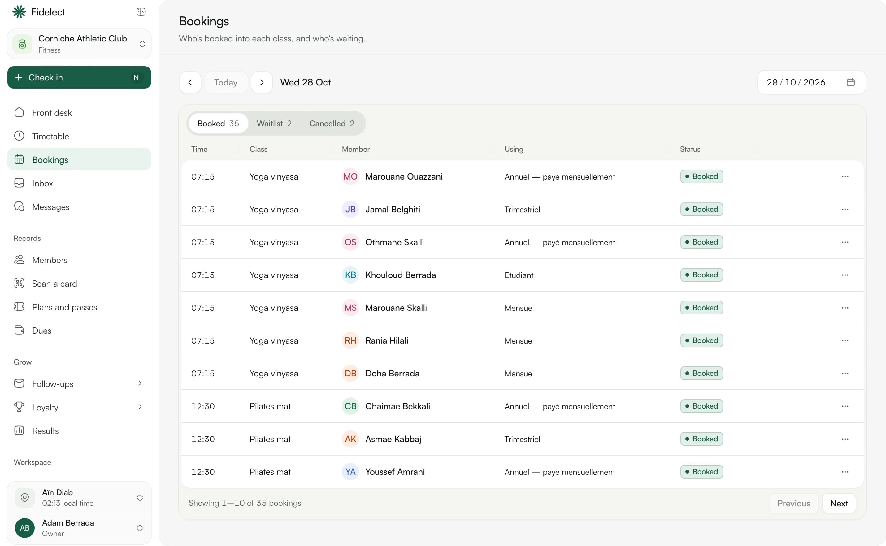 Class bookings