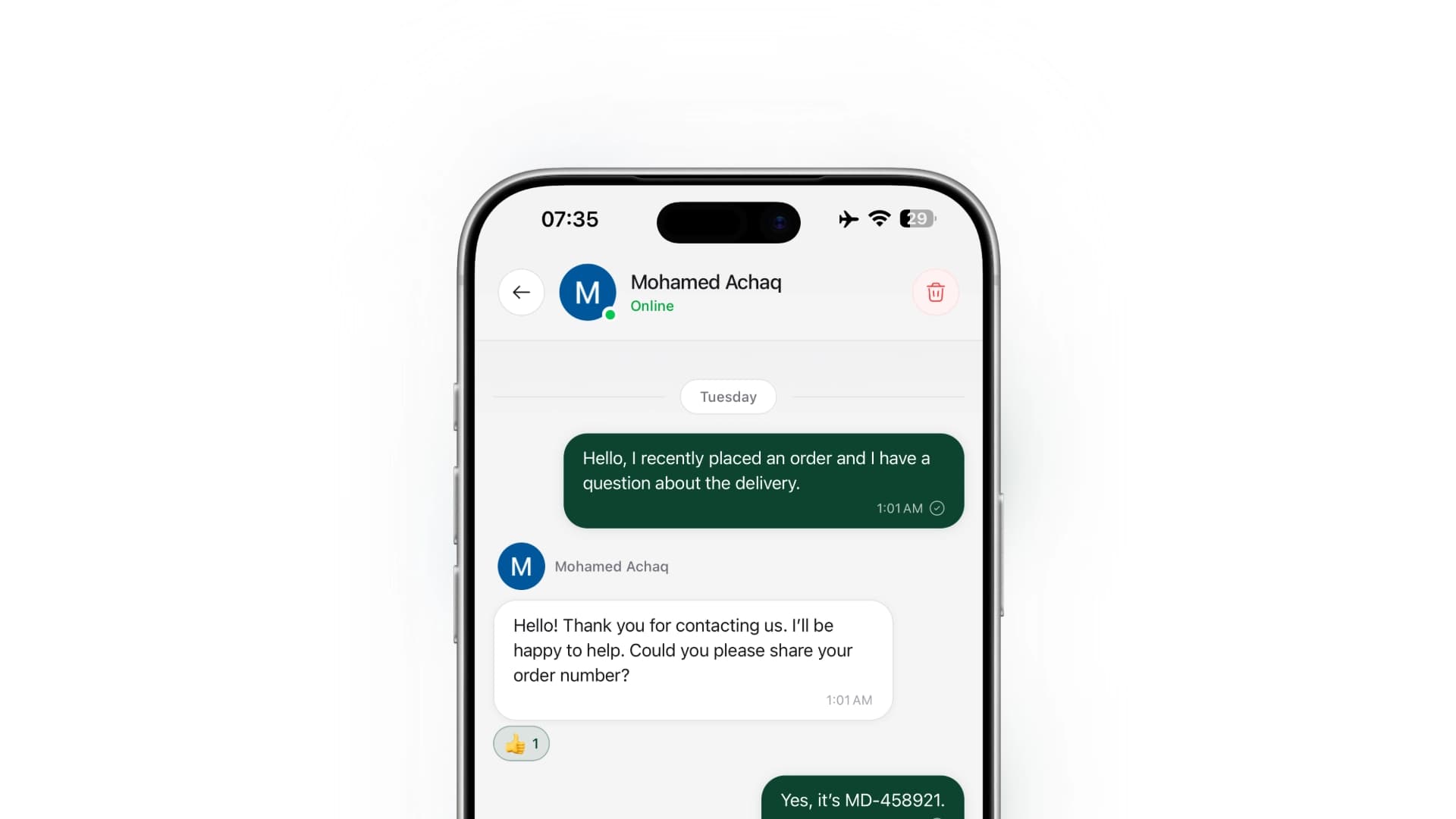 The in-app chat screen in the Fidelect app