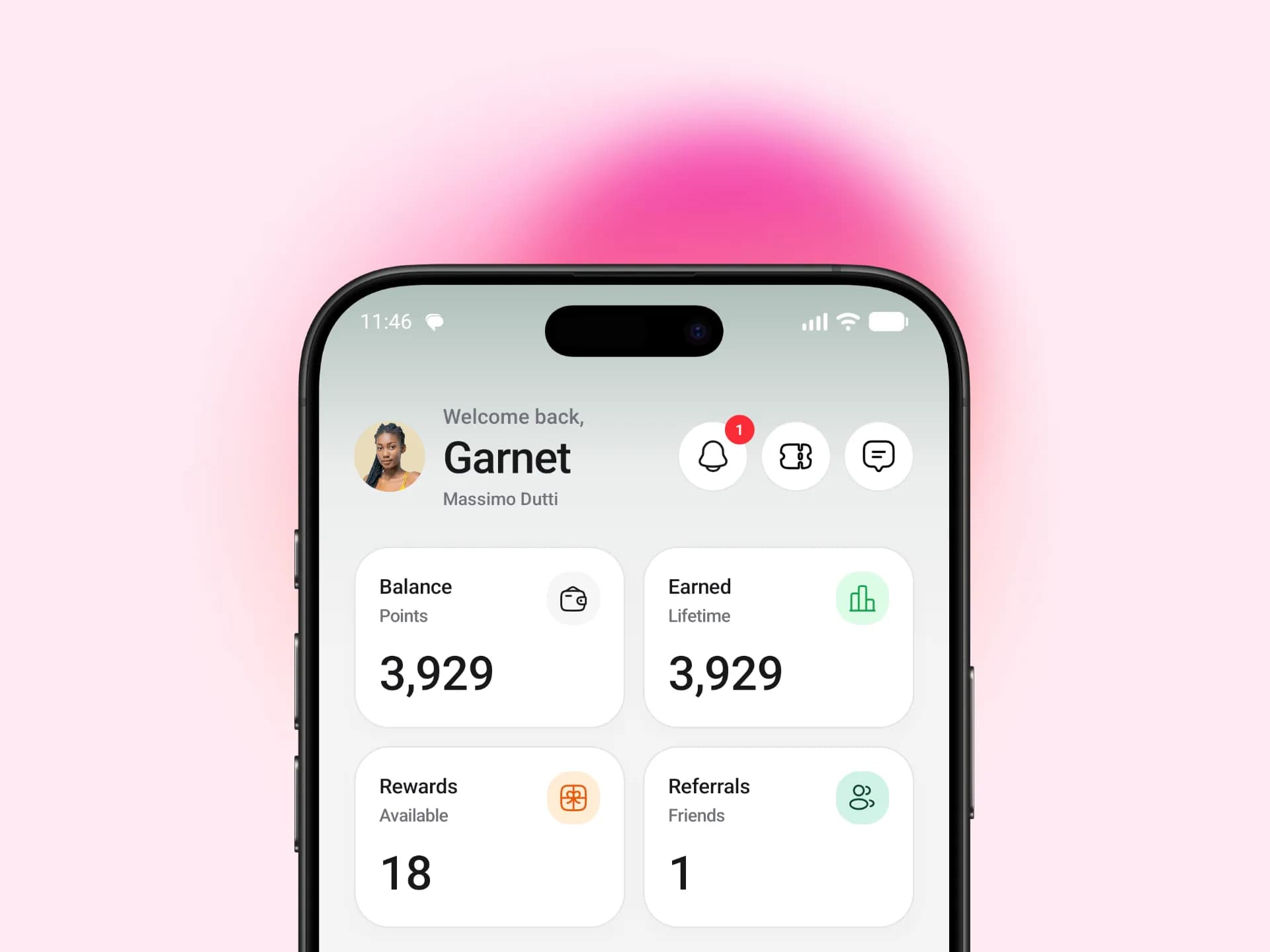 The Fidelect home screen with a points balance and rewards