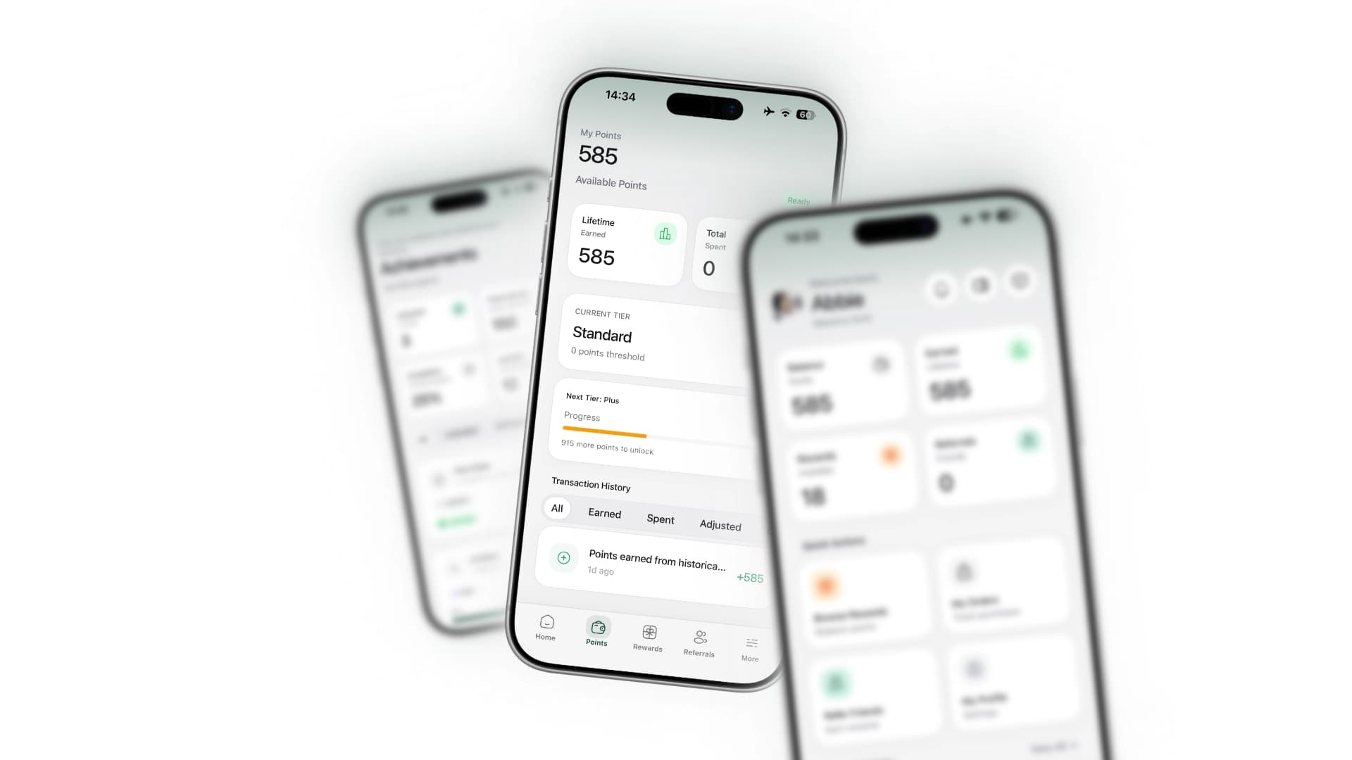 Three phones showing the points balance, history and home screen