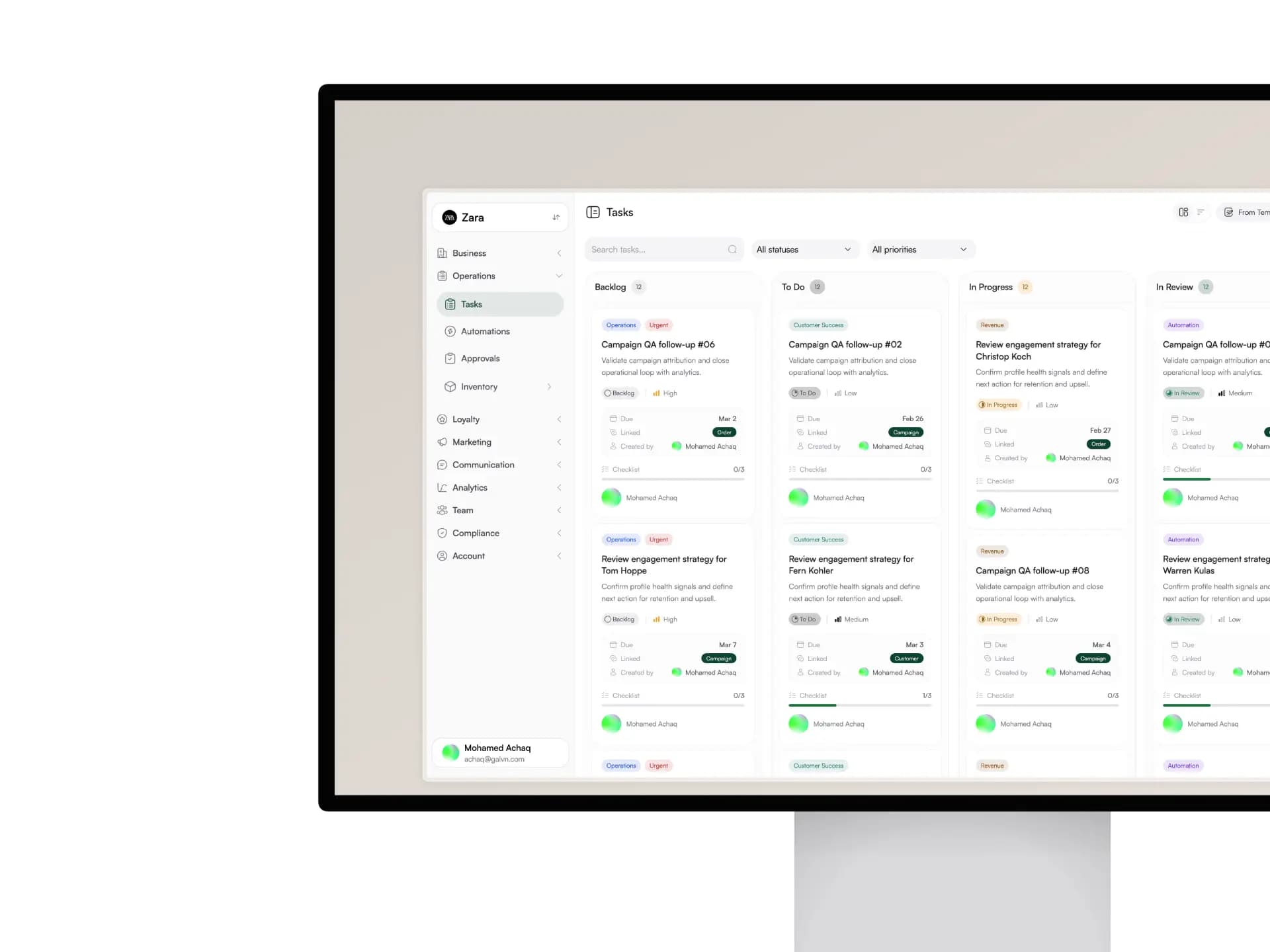 The task list view in the Fidelect dashboard
